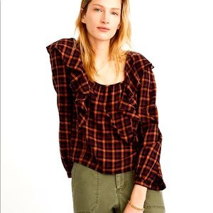 Madewell Blouse Red Navy Plaid Flannel Ruffled Square-Neck Size Medium M